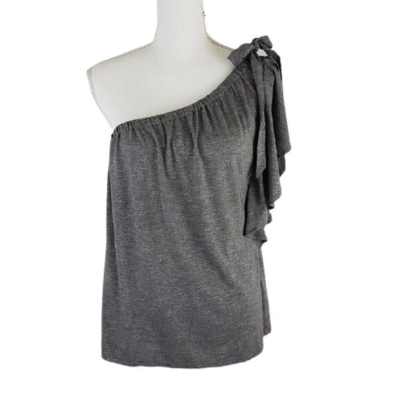 One-Shoulder Draped Ruffle Top w/ Bow Tie – Soft Charcoal Jersey - Picture 2 of 10